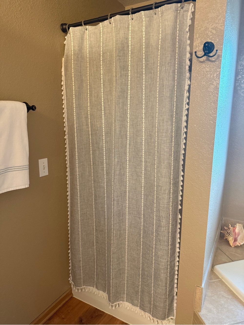 Neutral Gray Striped Shower Curtain with Tassel Trim